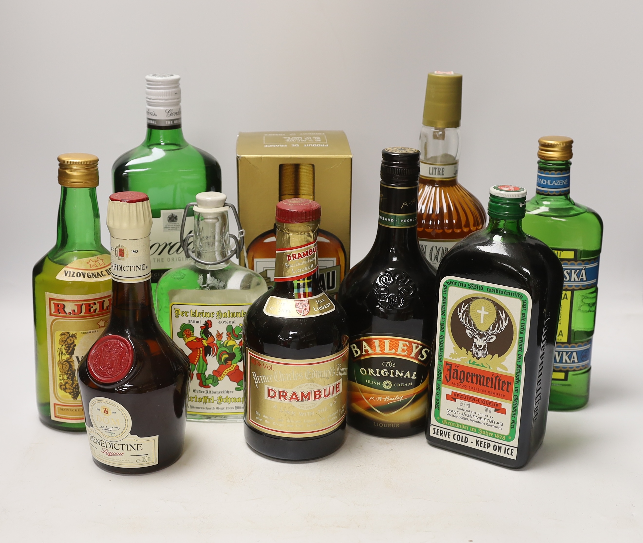 Ten various bottles of spirits and liqueurs, Gordon’s gin, Southern Comfort, Cointreau etc